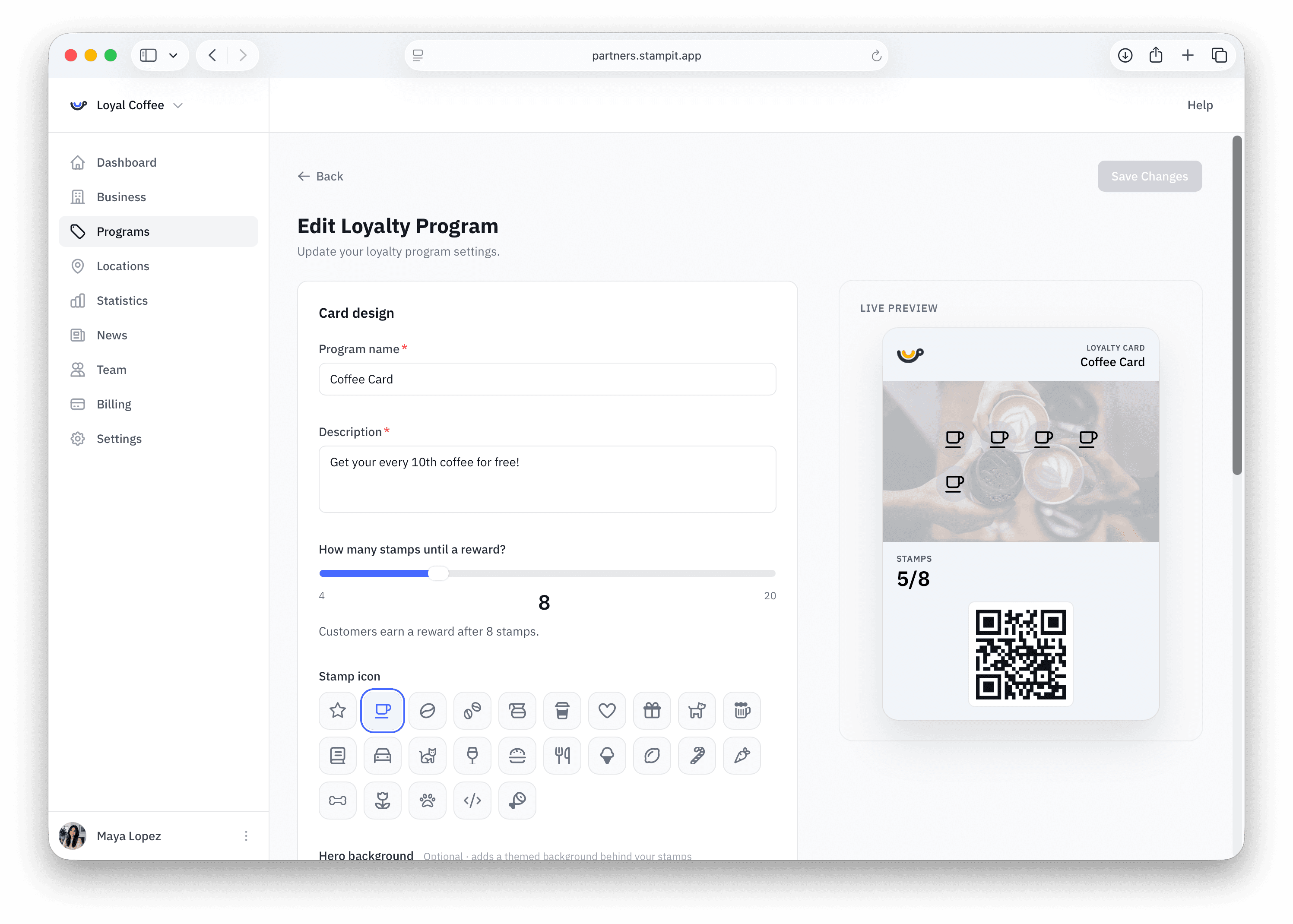 Loyalty program editor with live card preview