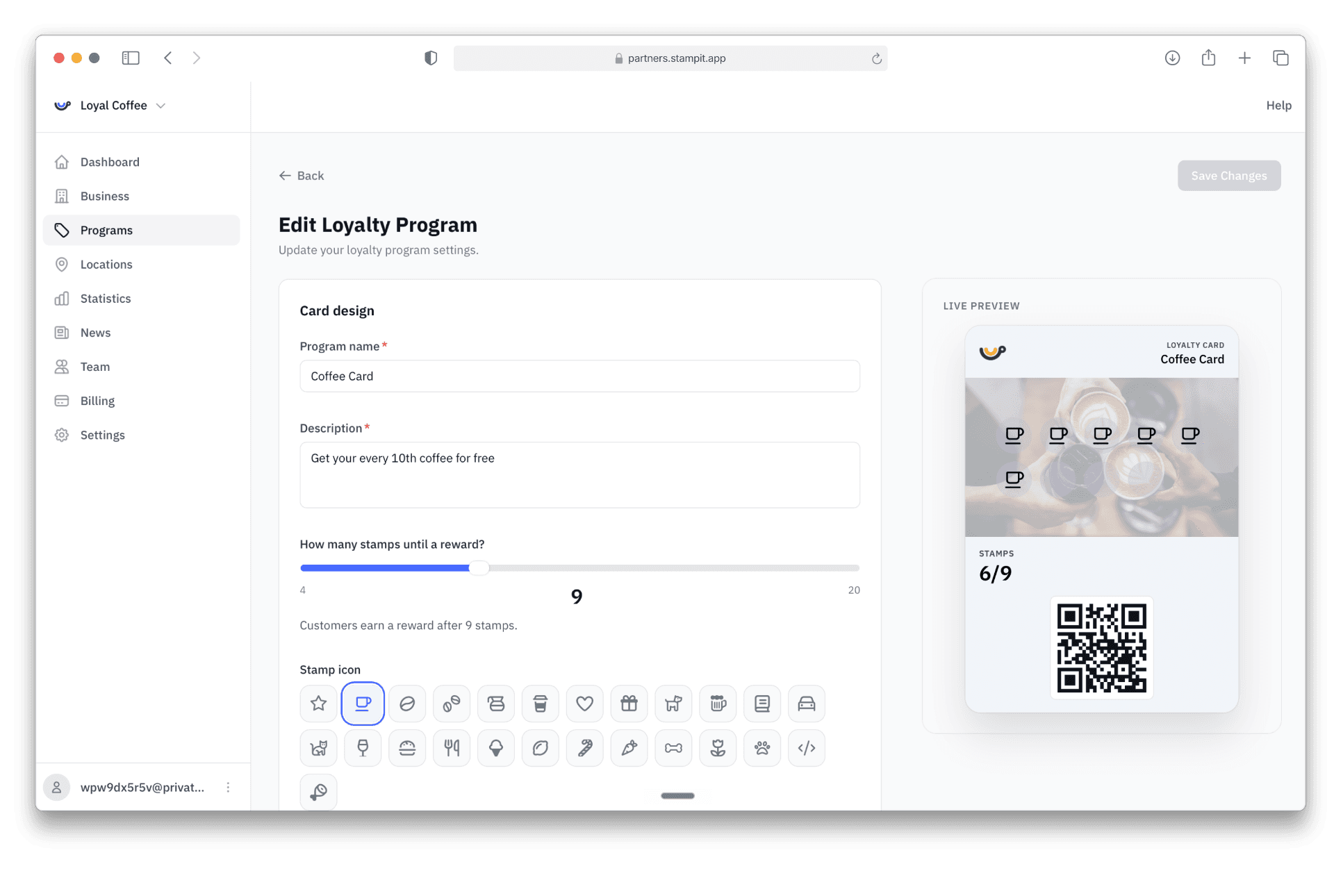 Loyalty program editor with live card preview