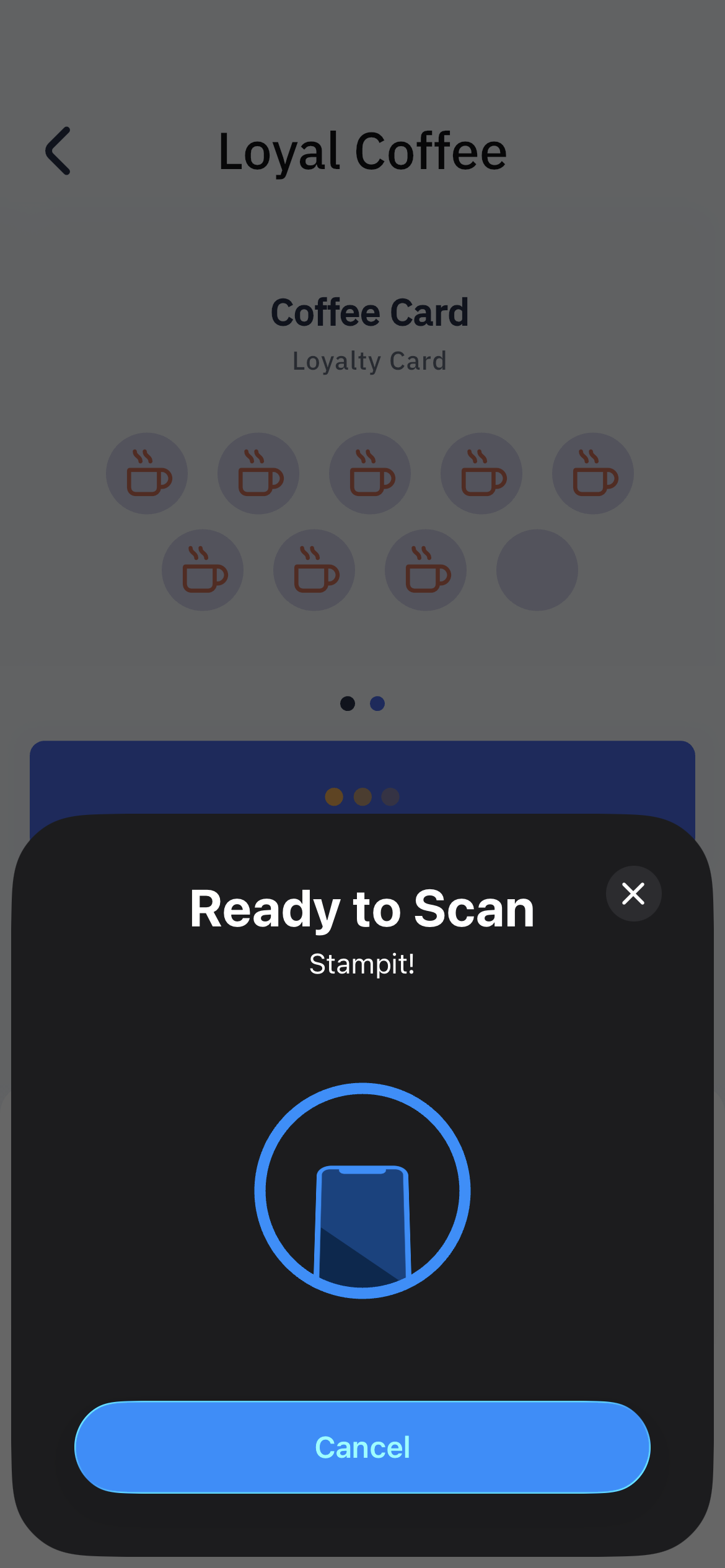 Stampit app NFC stamping screen showing Ready to Scan
